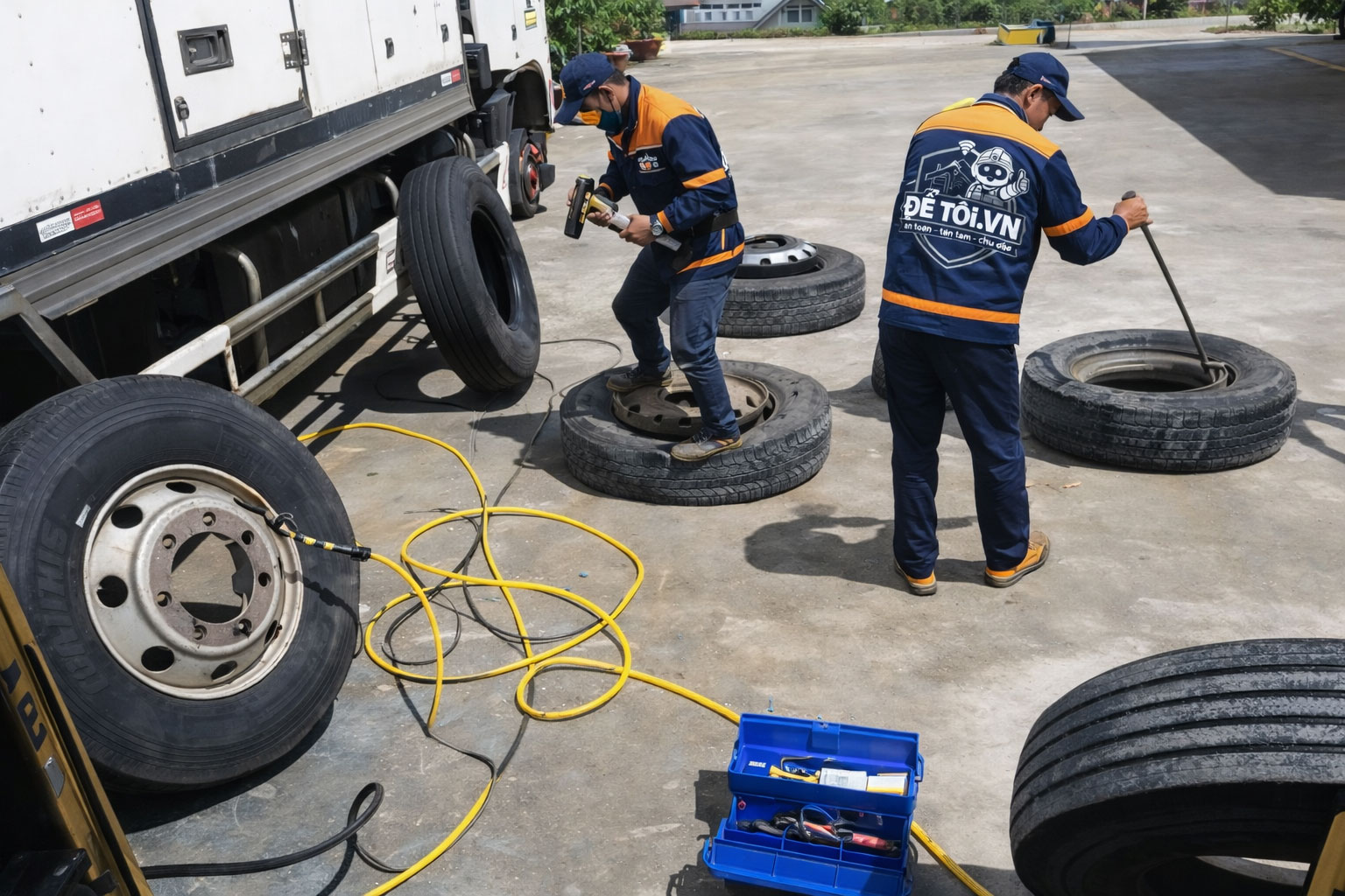 Thợ sửa ô tô đang thực hiện vá lốp xe cho khách hàng