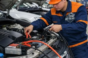 Thợ sửa ô tô đang xử lý kích bình cho khách hàng